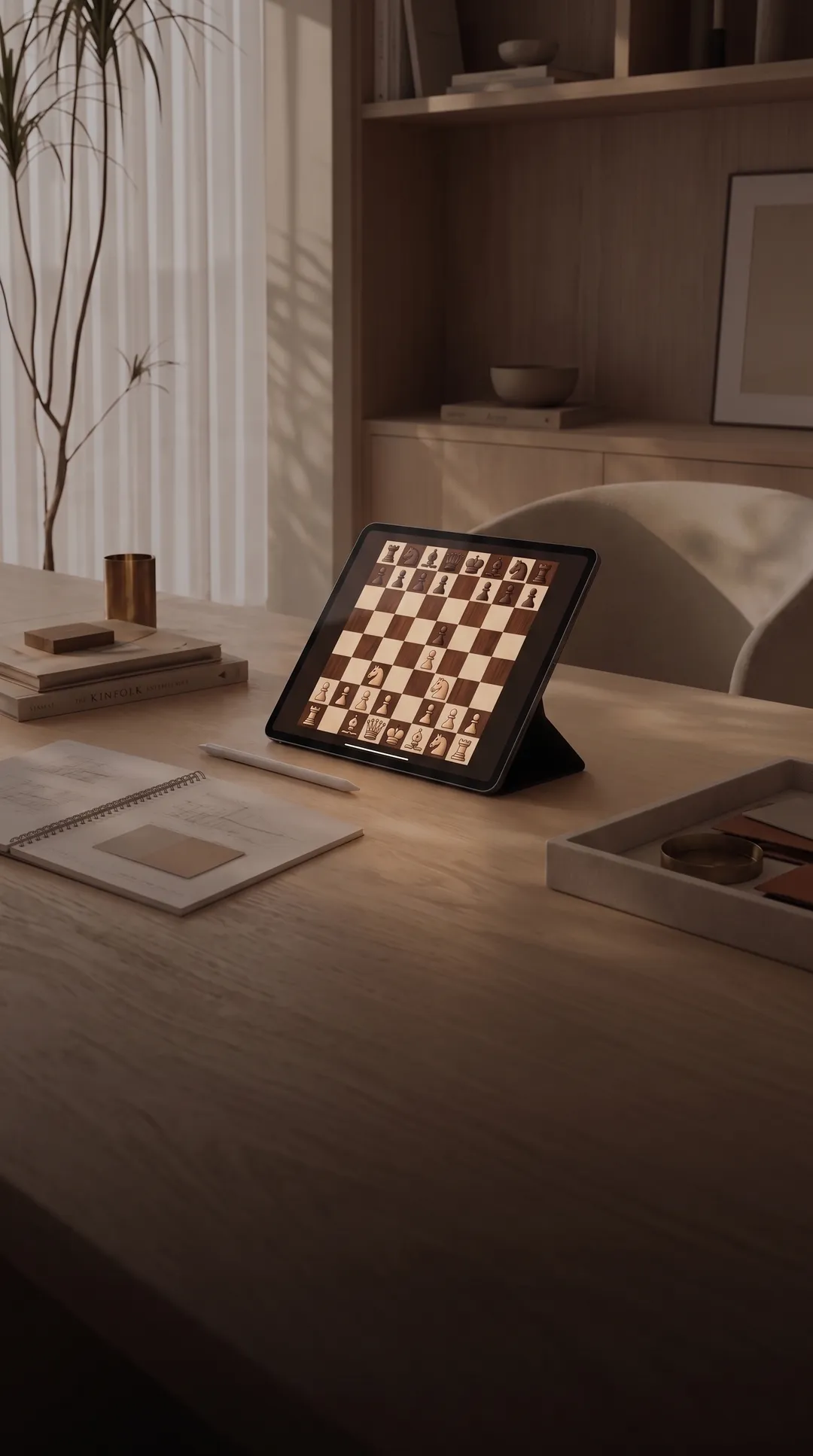 A chess game glowing on a tablet on a warm evening desk